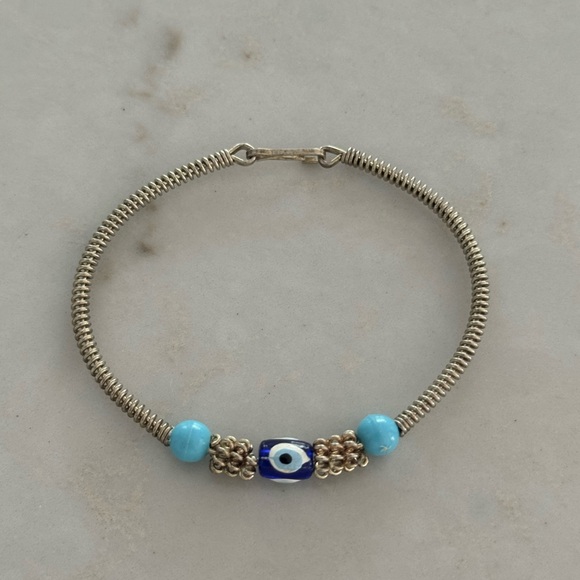 Vintage Jewelry - Vintage Silver Coil Bracelet with Blue Evil Eye & Turquoise Beads